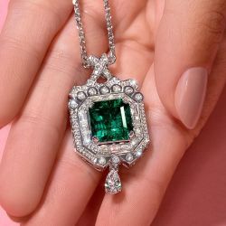 Art Deco Emerald Cut Emerald Sapphire Pendant Necklace For Women