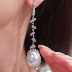 Fabulous Round Cut Pearl & White Sapphire Drop Earrings For Women