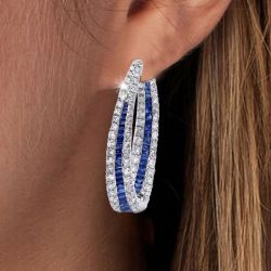 Halo Round Cut Blue & White Sapphire Hoop Earrings For Women
