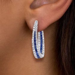 Halo Round Cut Blue Sapphire Hoop Earrings For Women