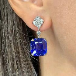 Double Prong Cushion Cut Blue Sapphire Drop Earrings For Women
