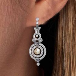 Art Deco Round Cut Pearl & White Sapphire Drop Earrings For Women