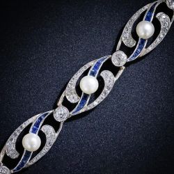 Vintage Round Cut Pearl & Blue Sapphire Bracelet For Women
