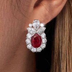 Halo Oval Cut Garnet Sapphire Drop Earrings For Women