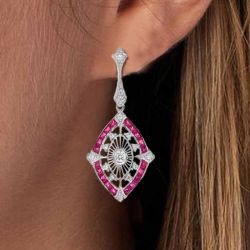 Vintage Round Cut Ruby Sapphire Drop Earrings For Women