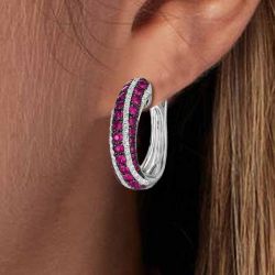 Two Tone Round Cut Ruby Sapphire Hoop Earrings For Women