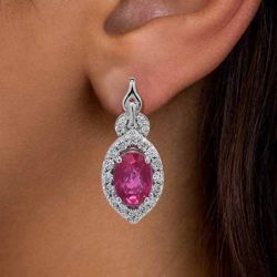 Halo Oval Cut Ruby Sapphire Drop Earrings For Women