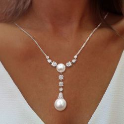 Elegant Round Cut Pearl & White Sapphire Pendant Necklace For Women