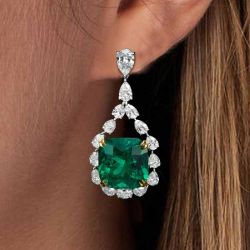 Two Tone Radiant Cut Emerald Sapphire Drop Earrings For Women