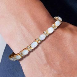 Golden Oval Cut Opal & White Sapphire Bracelet For Women