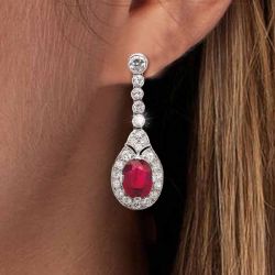 Vintage Oval Cut Ruby Sapphire Drop Earrings For Women