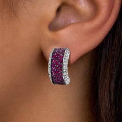 Two Tone Round Cut Ruby & White Sapphire Hoop Earrings For Women