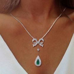 Halo Pear Cut Emerald Sapphire Pendant Necklace For Women