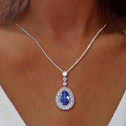 Halo Pear Cut Blue Sapphire Pendant Necklace For Women