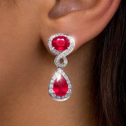 Halo Pear Cut Ruby Sapphire Drop Earrings For Women