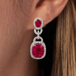 Two Tone Cushion Cut Ruby Sapphire Drop Earrings For Women