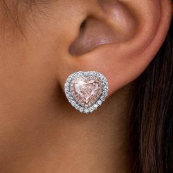 Two Tone Halo Heart Cut Pink Sapphire Stud Earrings For Women