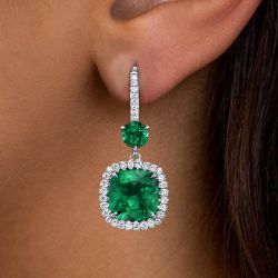Halo Cushion Cut Emerald Sapphire Drop Earrings For Women