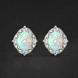 Halo Oval Cut Opal Stud Earrings For Women  