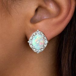 Halo Oval Cut Opal & White Sapphire Stud Earrings For Women