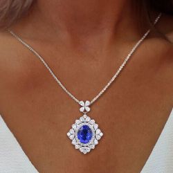 Halo Oval Cut Blue Sapphire Pendant Necklace For Women