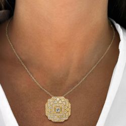 Golden Art Deco Round Cut White Sapphire Silver Pendant Necklace For Women