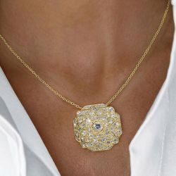 Golden Art Deco Round Cut White Sapphire Silver Pendant Necklace For Women