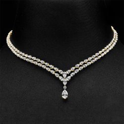 Golden Classic Two Row Pear Cut White Pendant Necklace For Women