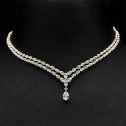 Golden Classic Two Row Pear Cut White Pendant Necklace Wedding Necklace For Women