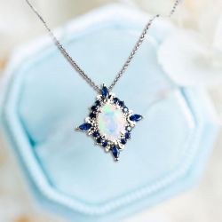 Halo Oval Cut Opal & Blue Sapphire Pendant Necklace For Women