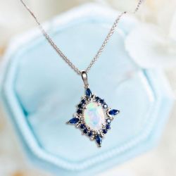 Halo Oval Cut Opal & Blue Sapphire Pendant Necklace Wedding Necklace For Women