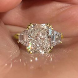Golden Classic Three Stone White Sapphire Radiant Cut Engagement Ring For Women