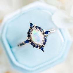  Halo Oval Cut Opal & Blue Sapphire Engagement Ring For Women