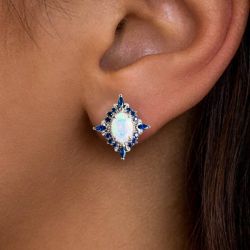  Halo Oval Cut Opal & Blue Sapphire Stud Earrings For Women