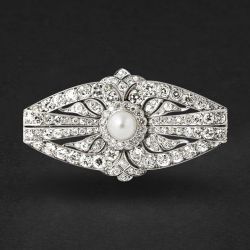 Art Deco Round Cut Pearl & White Sapphire Brooch For Women