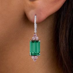 Two Tone Emerald cut Emerald & Pink Sapphire Drop Earrings For Women