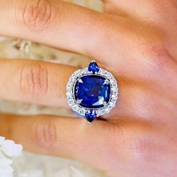 Halo Cushion Cut Blue Sapphire Engagement Ring For Women