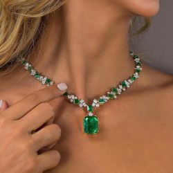 Two Tone Emerald Cut Emerald Sapphire Pendant Necklace For Women