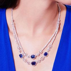 Double Row Emerald Cut Blue Sapphire Necklace For Women 