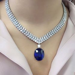 Fashion Three Row Oval Cut Blue Sapphire Pendant Necklace For Women