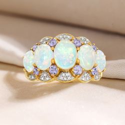Two Tone Oval Cut Opal Wedding Band For Women