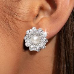 Two Tone Round Cut Pearl & White Sapphire Stud Earrings For Women