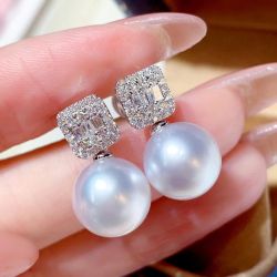 Stunning Round Cut Pearl & White Sapphire Drop Earrings For Women