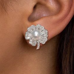 Halo Emerald Cut Pearl & White Sapphire Stud Earrings For Women