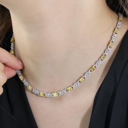 Two Tone Emerald Cut Yellow Sapphire Tennis Necklace For Women