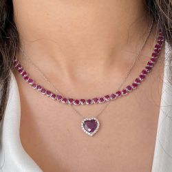 Heart Cut Ruby Sapphire Bezel Tennis & Pendant Necklace Sets