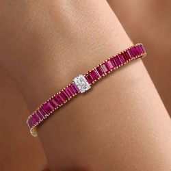 Two Tone Radiant Cut Ruby Sapphire Tennis Bracelet For Women