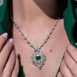 Halo Heart Cut Emerald & White Sapphire Pendant Necklace For Women