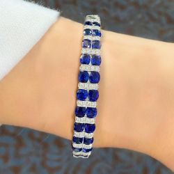 Double Row Oval Cut Blue Sapphire Bracelet Bangle For Women