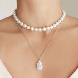 Elegant Round & Pear Cut Pearl & White Sapphire Necklace For Women